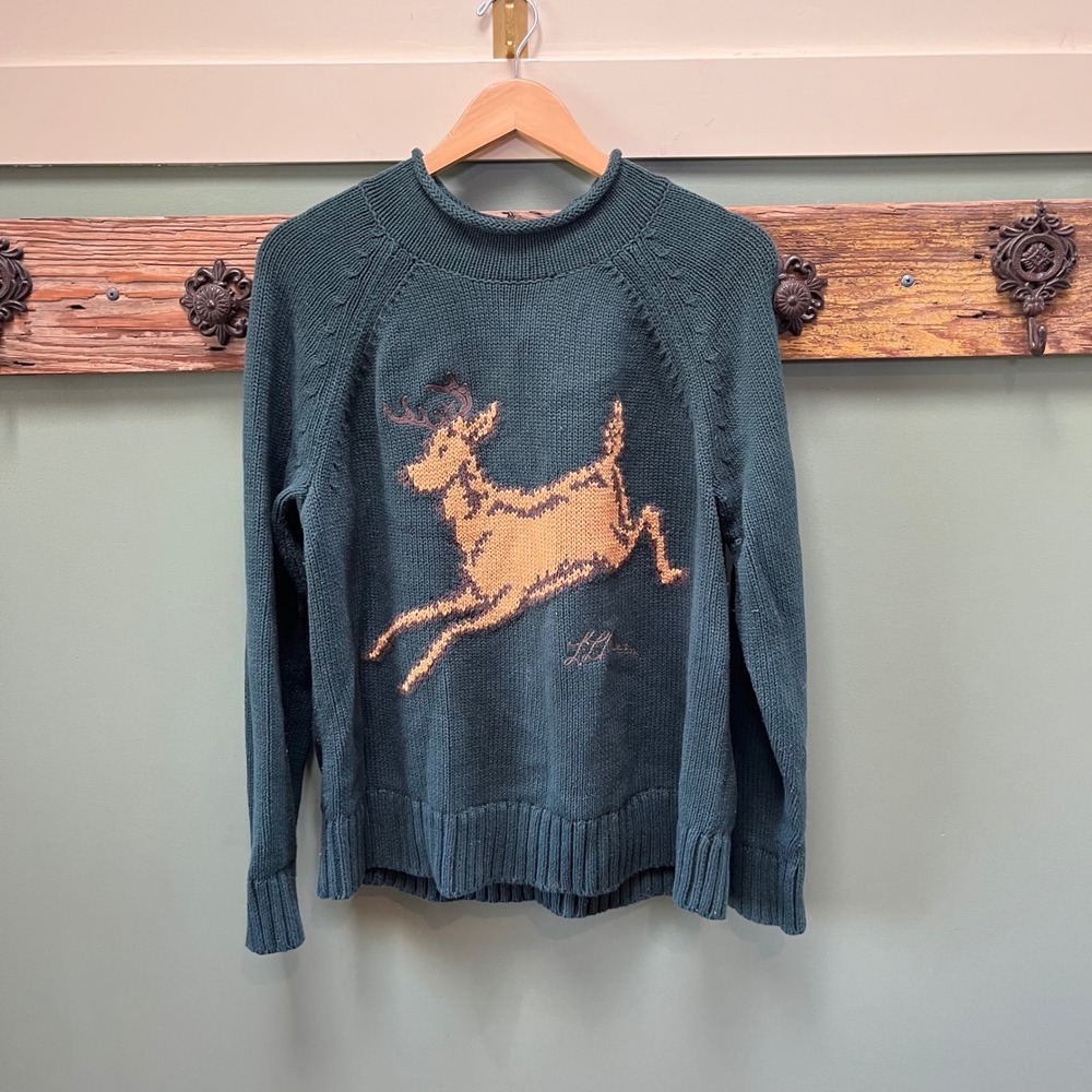 LL Bean Signature Womens Green Organic Cotton Leaping Deer Sweater Large 520696